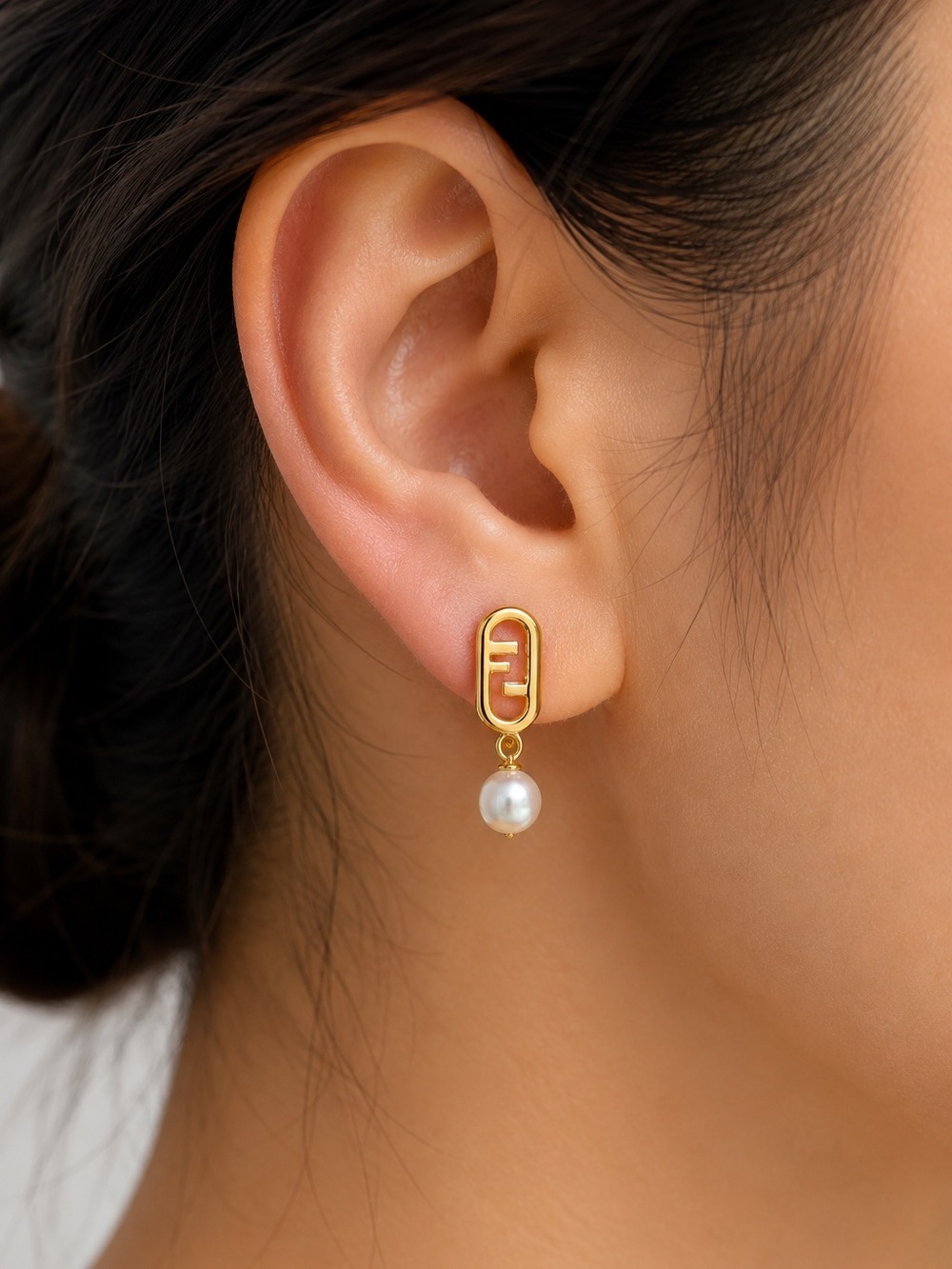 Fendi O’Lock Gold Pearl Drop Earrings -Pierced